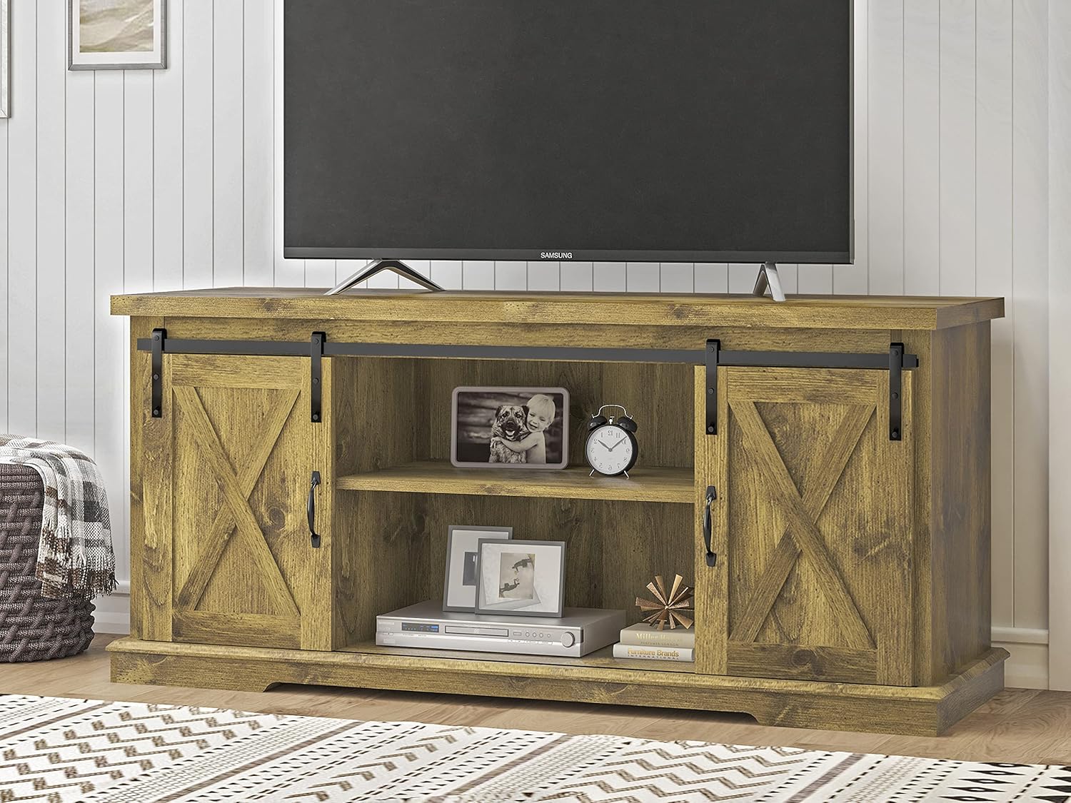 SHA CERLIN TV Stand Farmhouse Wood Entertainment Center for TVs Up to 65, Rustic Storage Cabinet Table with Sliding Barn Door & Adjustable Shelves