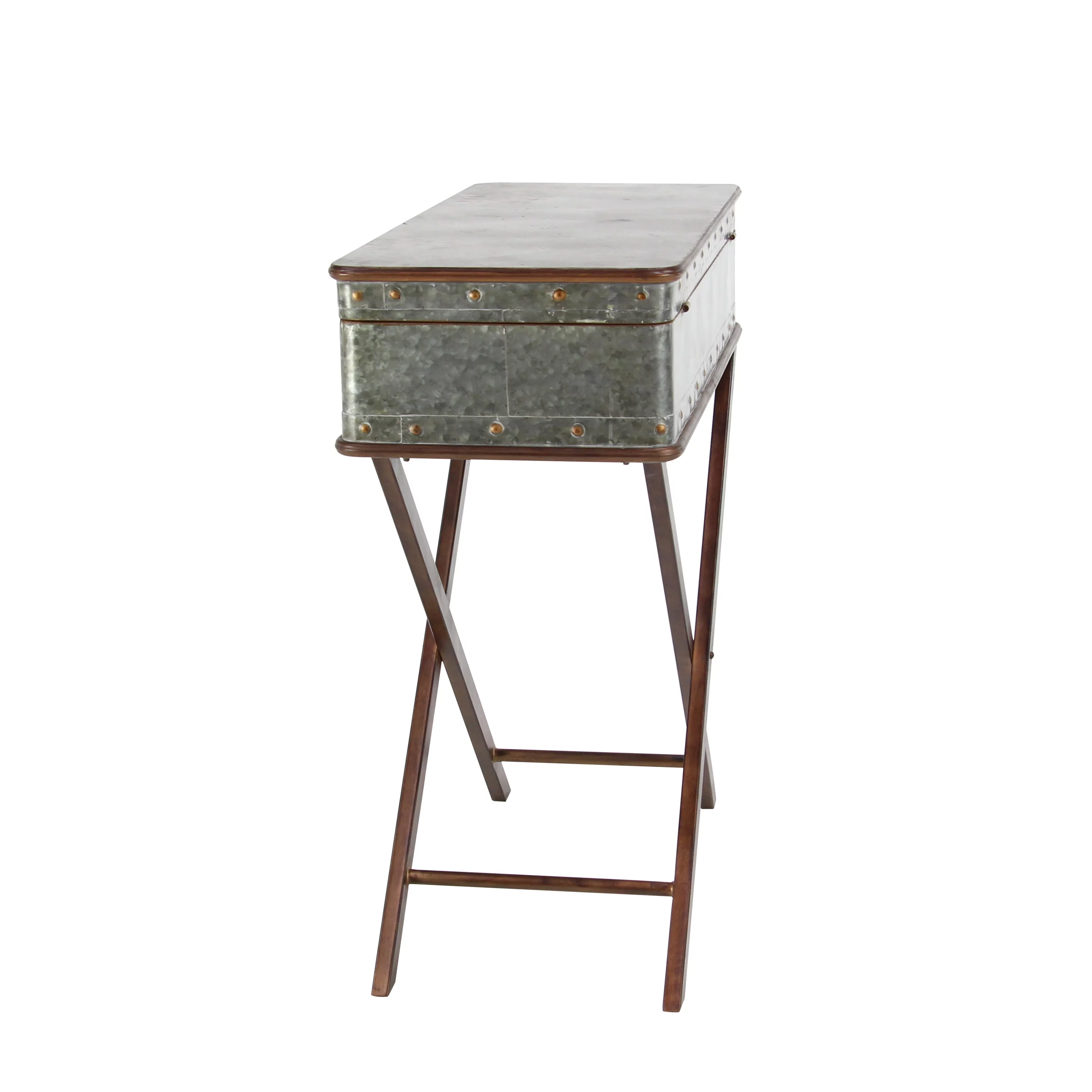 DecMode 32" x 32" Gray Metal Accent Table with Suitcase Style Top, 1-Piece