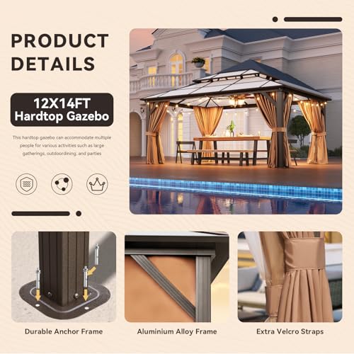 Aoxun 12'x16' Hardtop Gazebo, Aluminum Frame Permanent Pavilion with Netting and Curtains, Outdoor Polycarbonate Double Roof Canopy
