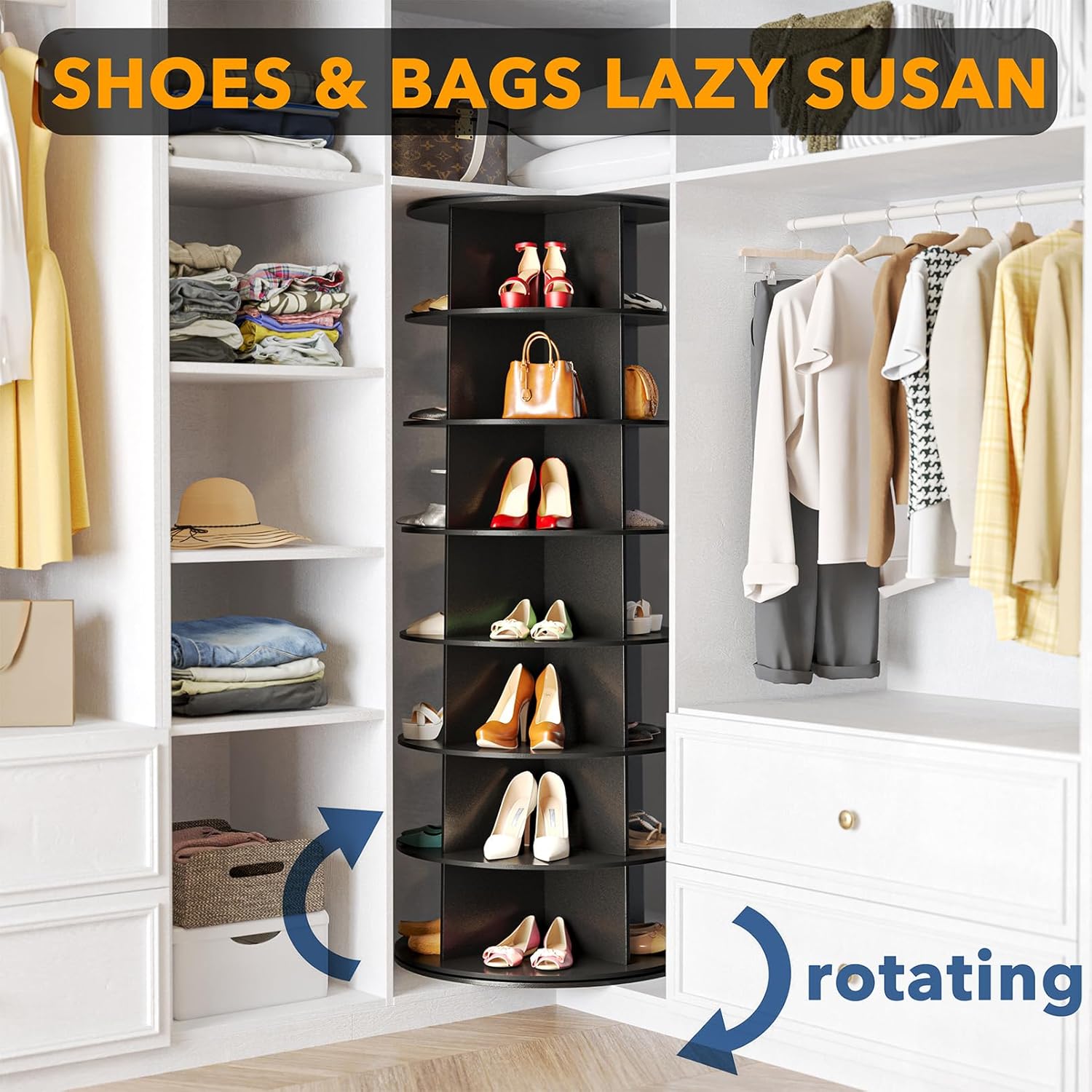 SpaceAid 7 Tier Rotating Shoe Rack Tower, Spinning Shoe Display Lazy Susan, Revolving 360 Shoe Rack Storage Round Carousel