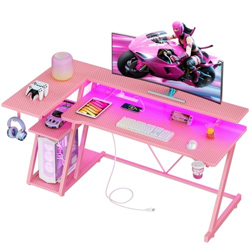 55 Inch Gaming Desk with Power Outlet & LED Lights, L Shaped Gamer Computer Table with Storage Shelves for Bedroom, Corner Home Office Desk