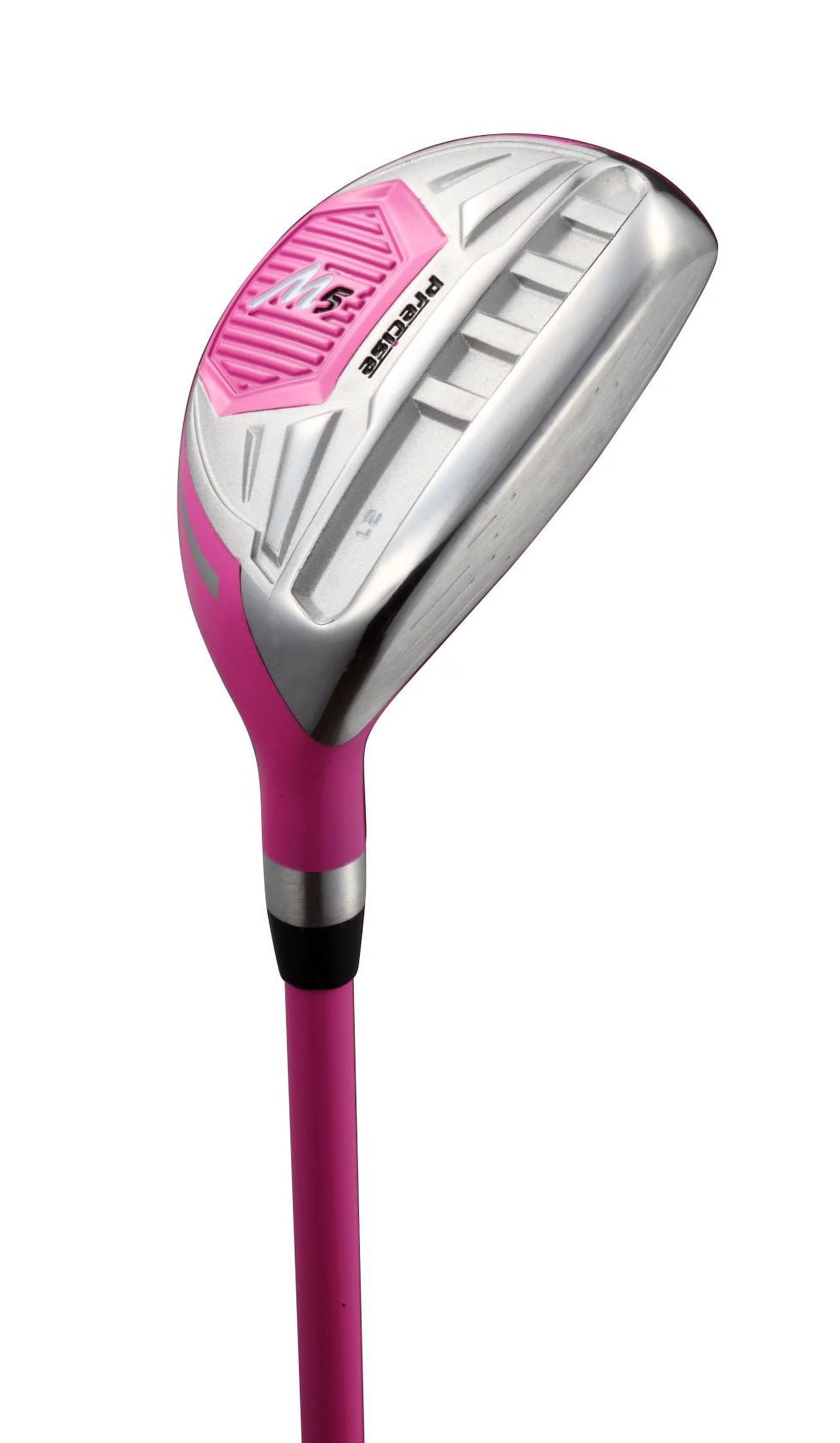 top line ladies pink right handed m5 golf club set, includes: driver, wood, hybrid, no. 5,6,7,8,9, pw stainless steel irons, putter