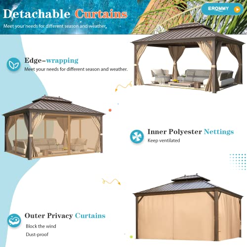 EROMMY 12'x20' Hardtop Gazebo Double Roof Galvanized Steel Canopy Outdoor Aluminum Frame Permanent Metal Pavilion with Netting and Curtains for Patio