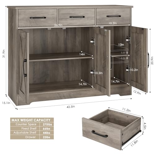 HOSTACK Modern Farmhouse Sideboard Buffet Cabinet, Barn Doors Buffet Storage Cabinet with Drawers and Shelves