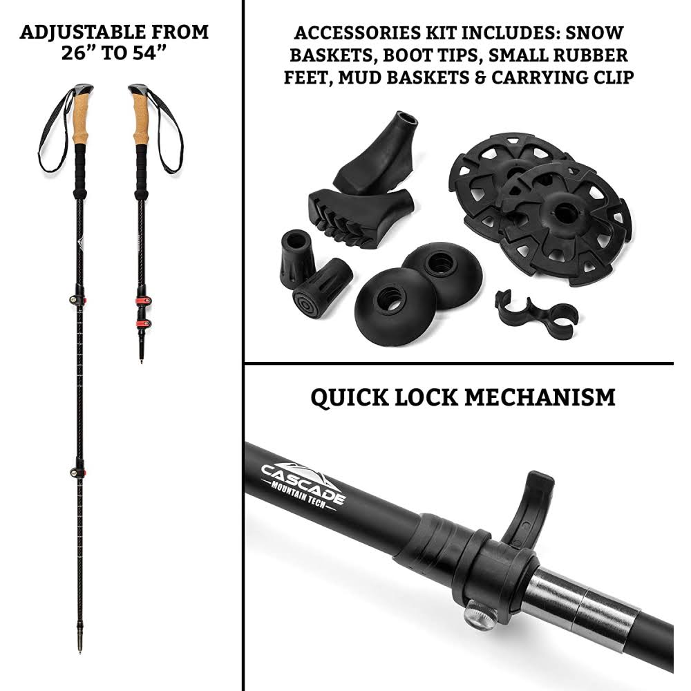 Cascade Mountain Tech 3K Carbon Fiber Trekking Poles Ultralight with Cork Grip