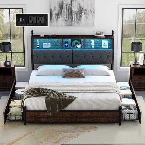 AMERLIFE Full Size Bed Frame with Bookcase Headboard, 4 Storage Drawers, Wooden Platform Bed with Charging Station & LED Light, No Box Spring Needed