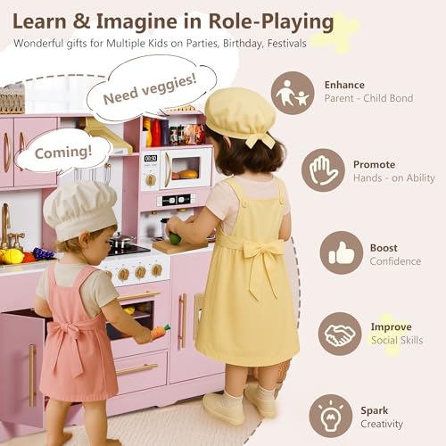 Kinder King Wooden Kids Play Kitchen, Toy Kitchen Playset for Toddler, Play Kitchen Set w/Real Sounds, Pretend Coffee Machine, Kitchen Hood, Sink