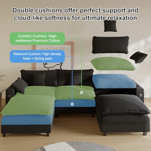 Modular Sectional Sofa, Cloud Couch with Ottoman, Charging Station, Throw Pillows, Cup Holders, Modern Convertible U Shaped Couches for Living Room