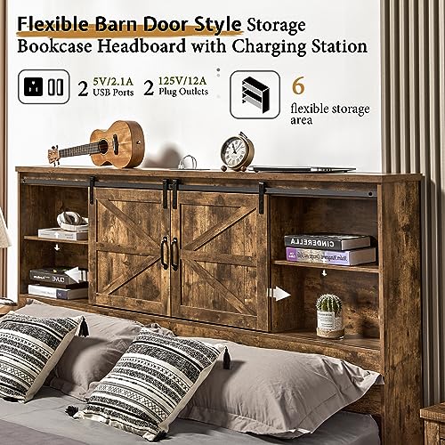 VanAcc Full Size Bed Frame, Wooden Platform Storage Bed with 51.2" Bookcase Headboard, 2 Drawers