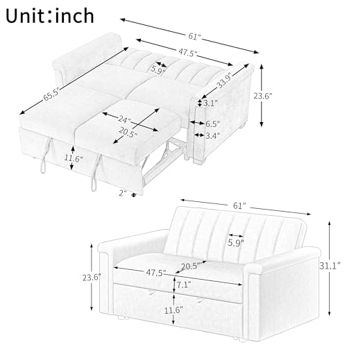 3 in 1 Convertible Sleeper Sofa Bed, Versatile Double Sofa with Pullout Bed with Adjustable Backrest, Futon Couch, Loveseat Sofa, Convertible Sofa