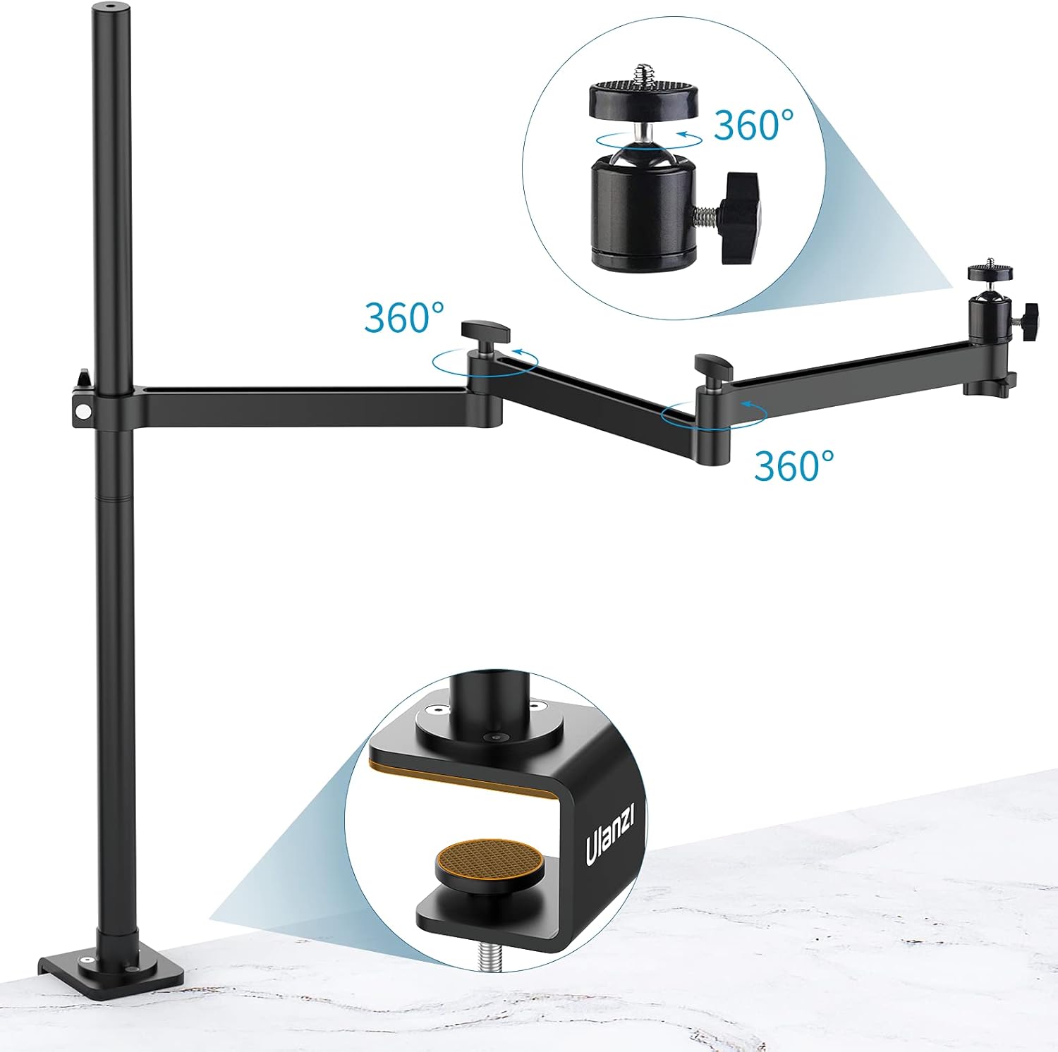 ULANZI Camera Desk Mount Stand with Flexible Arm, Overhead Camera Mount, Articulated Arm with 360° Rotatable Ball Head