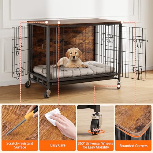 Heavy Duty Metal Dog Crate, Indoor Outdoor Pet Kennel Cage with Shelves, Storage Cabinet, Modern Decorative Dog Cage Furniture
