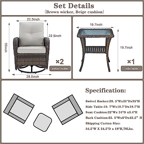Patio Wicker Chairs Swivel Rocker - Outdoor Swivel Rocking Chairs Set of 2 with Rattan Side Table