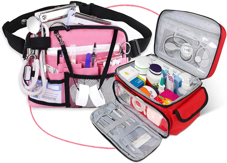 Red Empty First Aid Bag and Pink Nurse Fanny Pack for Nurses & Medical Professionals, Medical Bag for Car, Home, Office, Outdoor, Camping, Hiking