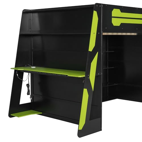 Gaming Bed with Desk,Wardrobe,Ample Storage Space,and RGB LED Light, Full Size Wood Loft Bed for Kids Bedroom (Cloud Blue/K)