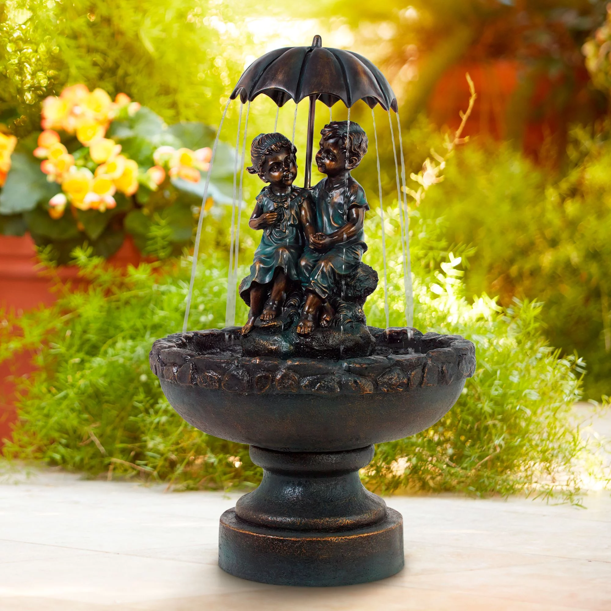 John Timberland Boy and Girl Under Umbrella Modern Outdoor Water Fountain 40" for Yard Garden Patio Home Deck Porch House Exterior Balcony Roof Decor