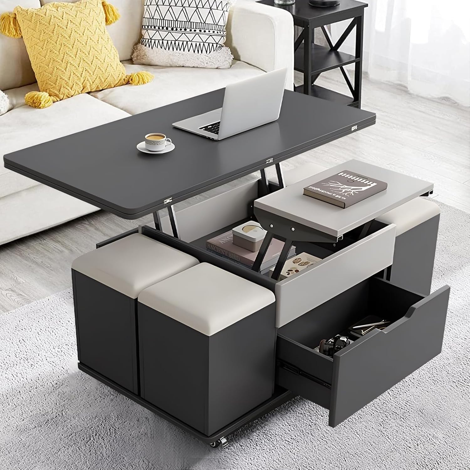 Lift Top Coffee Table,3-in-1 Multi-Functional Center Table, 4 Storage Bench