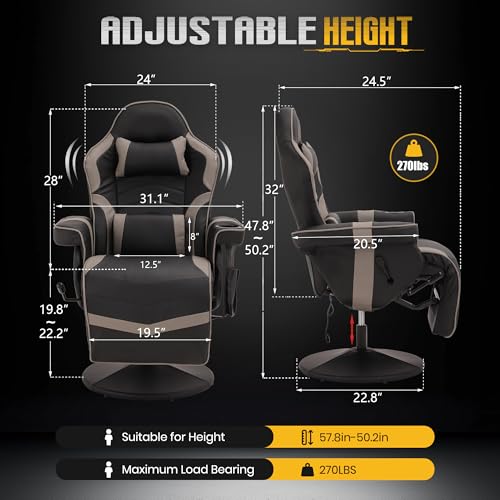 Massage Gaming Recliner Chair with Cup Holder & Side Pockets – Ergonomic PU Leather Video Gaming Chair with Footrest, Manual Recline