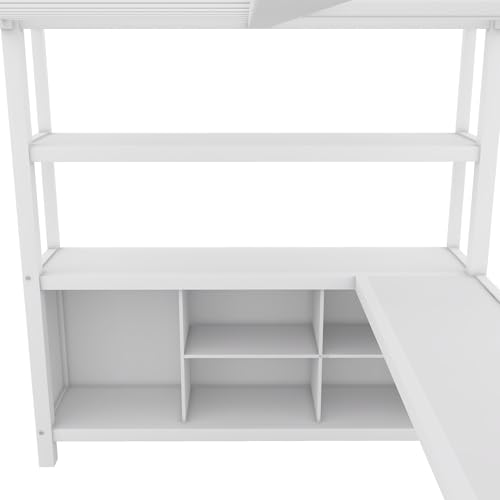 Bellamave Metal Loft Bed with Wardrobe and L-Shaped Desk, Full Size Loft Bed with Storage Cubes and Shelves, Heavy Duty LoftBed for Kids Teens Adults