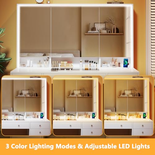 Vanity Desk with Mirror and Lights, 50" Makeup Vanity with Glass Top & Power Outlet, White Vanity with 11 Drawers & 8 Hidden Storage Shelves