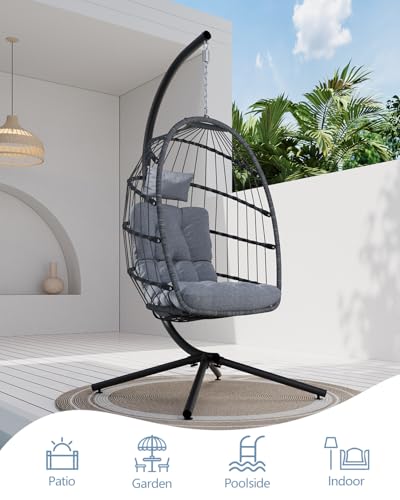 SWITTE Egg Chair Outdoor with Stand, Indoor Wicker Hanging Egg Swing Chair with Cushion, 350lbs Capacity for Patio, Bedroom, Garden - Gray