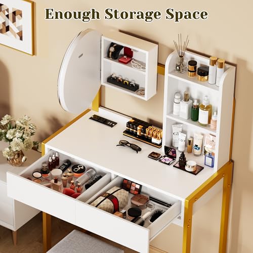 Vanity Desk with Mirror and Lights, Makeup Vanity with Power Outlet & 3 Lighting Modes, White Vanity with Chair & Drawers