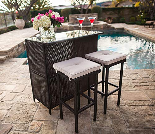 SUNCROWN Outdoor Bar Set 3-Piece Brown Wicker Patio Furniture - Glass Bar and Two Stools with Cushions for Patios, Backyards, Porches