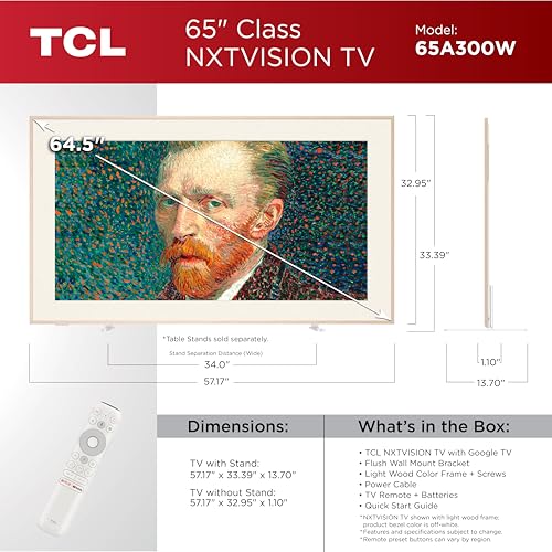 TCL 65-Inch Class NXTVISION Series QLED 4K UHD Google Smart TV Canvas Style Art Frame TV - QLED, 120hz, Matte Anti-Glare Screen, Free Bezel and Frame