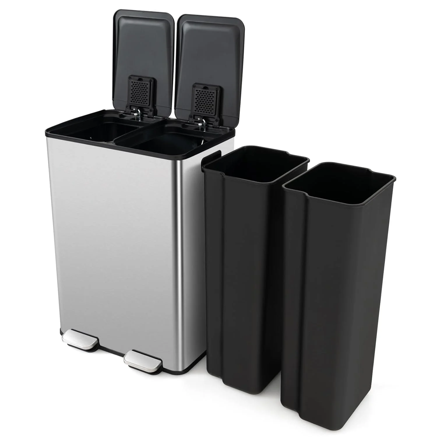 YiSHOP  Kitchen Trash Cans Dual Compartment, 2 x 8 Gal Garbage Can W/2 Deodorizer Compartments, Soft Close Lids & Removable Buckets