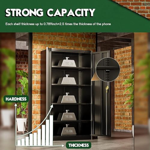 Greenvelly Metal Storage Cabinet, 72" Black Locking Metal Garage Storage Cabinet with Doors and 4 Adjustable Shelves