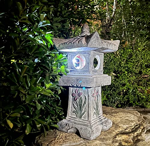 23.6’’High Asian Orchid Pagoda Statue Solar-Powered LED Light Miniature Tower Lantern Garden Decoration Figurines Solar Lamp Outdoor Japanese