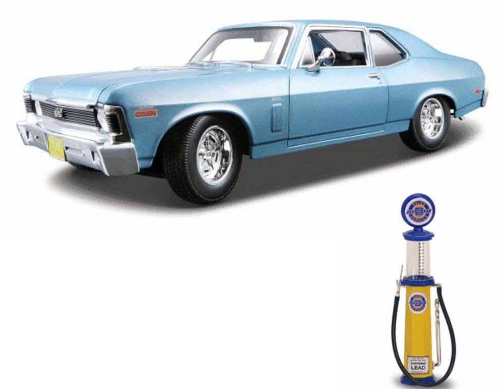 Chevy Diecast Car u0026 GAS Pump Package - 1970 Chevy Nova SS Coupe, Blue - Maisto 31132 - 1/18 Scale Diecast Model Car W/Gas Pu