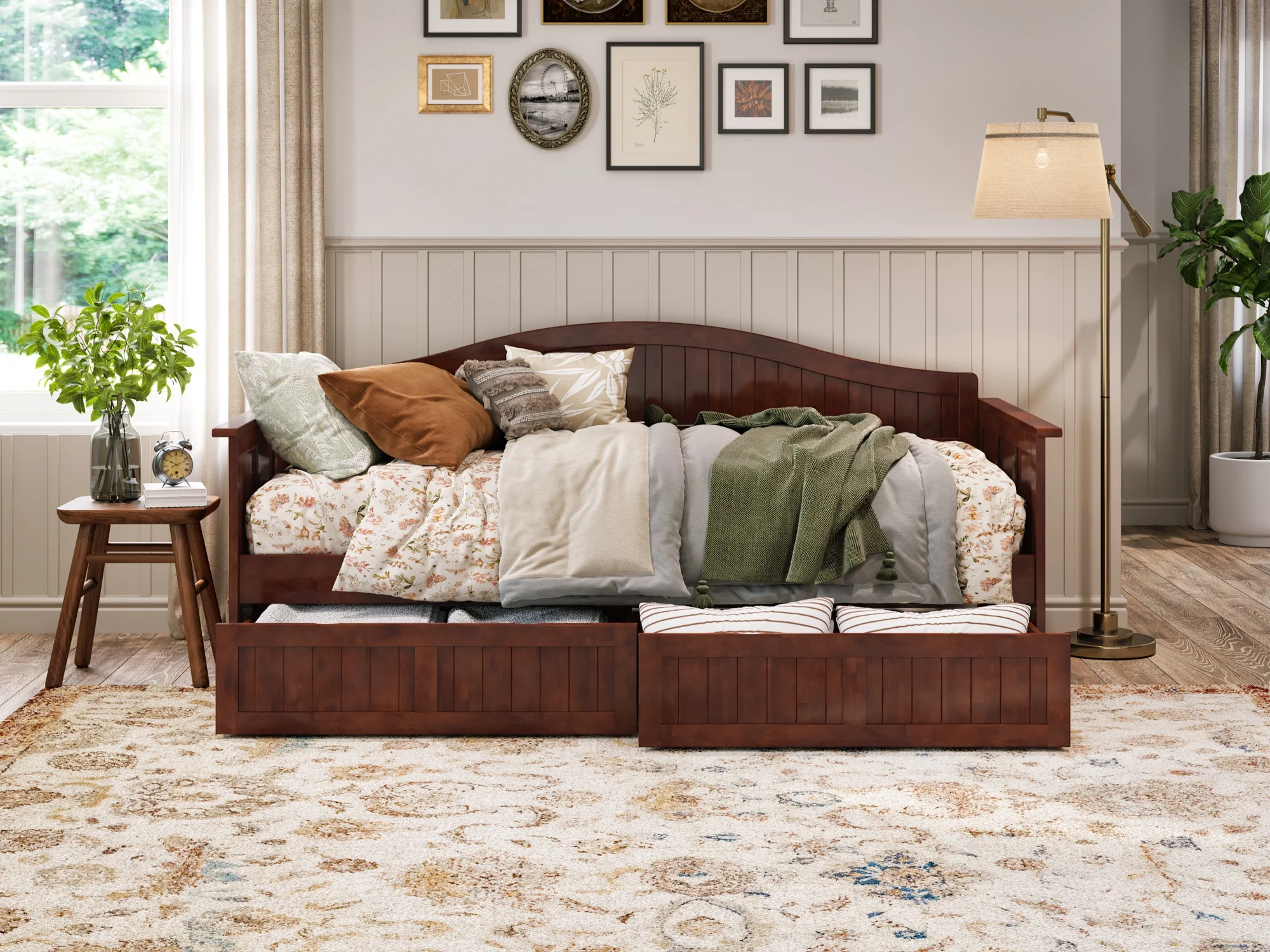 AFI Nantucket Wood Twin Size Daybed Frame with 2 Storage Drawers Walnut