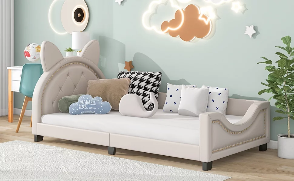 Bunny Shaped Twin Size Upholstery Daybed with Headboard for Kids, White
