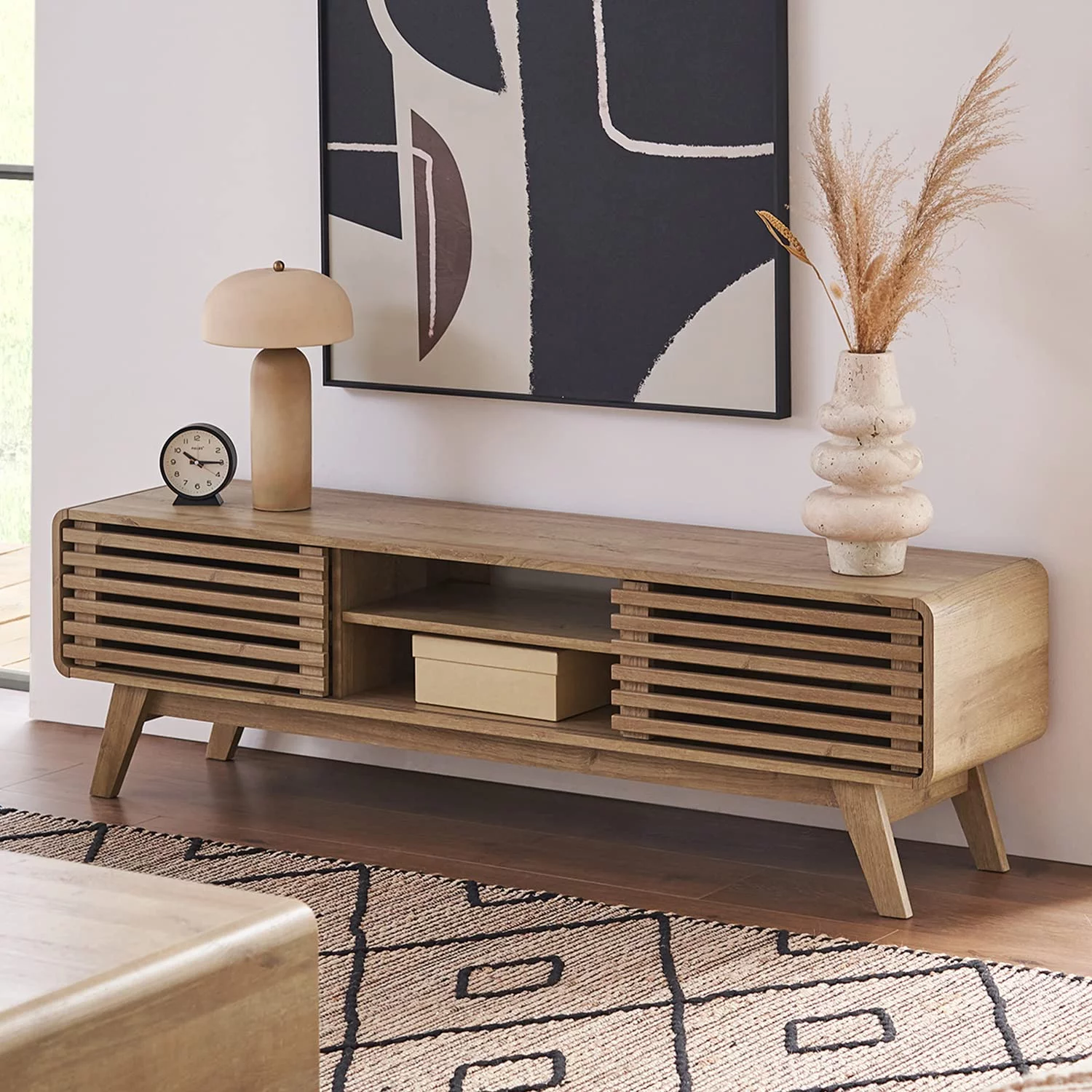 Mopio Ensley 59" Low Mid-Century Modern TV Stand Console for TV Under 70", Oak