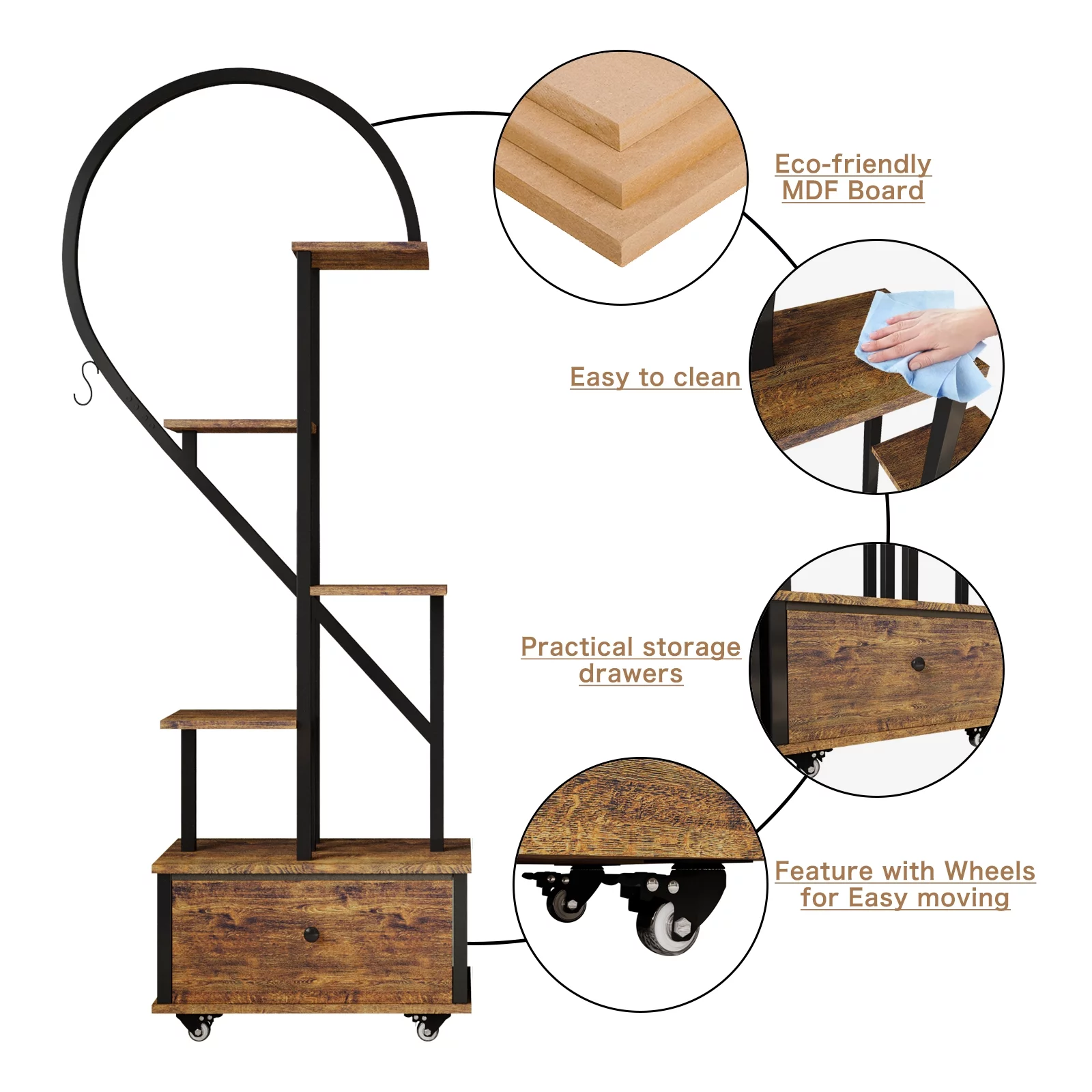 Walsport 6 Tier Plant Stand Indoor,Heart-Shape Plant Shelf with Drawer&Roller,Metal with Wood Plant Shelf for Home Decor,2pcs