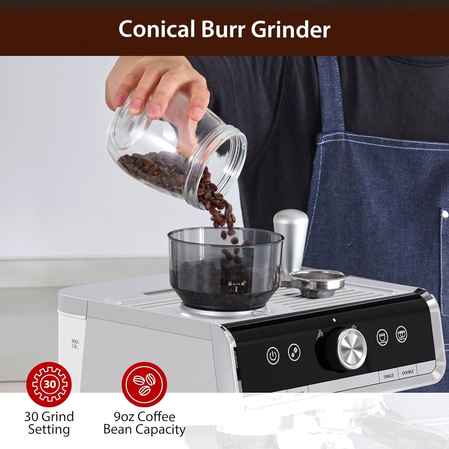 Espresso Machine with Grinder - Brushed Stainless Steel, Espresso Coffee Maker with Milk Frother, For Home Barista