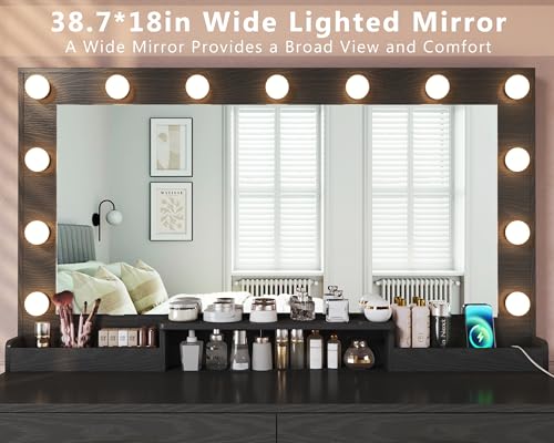 Makeup Vanity Desk with Lights, Vanity Desk with Large Mirror, White Vanity with Outlets Large Drawers & Storage, 3 Lighting Color Adjustable