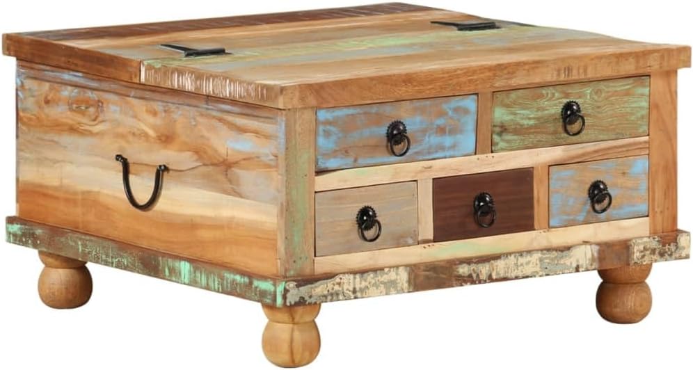 vidaXL Brown Multicolor Reclaimed Wood Coffee Table | Square Design with Large Storage Compartment | Equipped with 5 Drawers | Polished, Painted