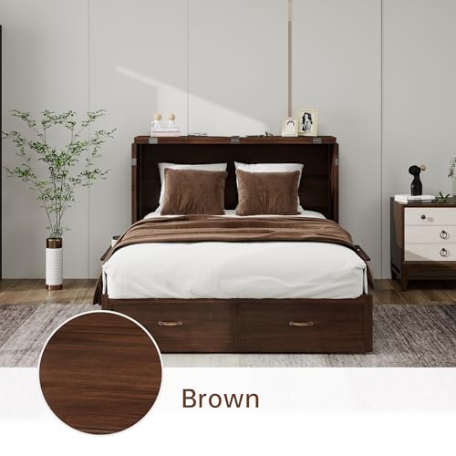 Murphy Bed Cabinet Full, Solid Wood Murphy Bed with 2 USB & 2 Charging Ports, Large Storage Drawer for Home Office or Small Space