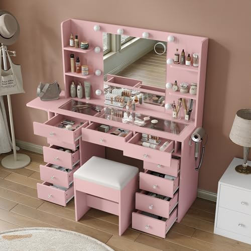 55" W Vanity Desk, Makeup Vanity with Charging Station, 15 Drawers with Lighted Mirror, 3 Lighting Modes, Brightness Adjustable, Glass Top