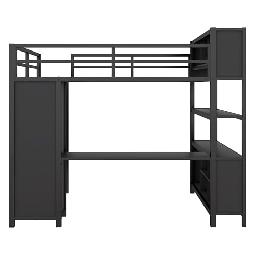 Bellamave Metal Loft Bed with Wardrobe and L-Shaped Desk, Full Size Loft Bed with Storage Cubes and Shelves, Heavy Duty LoftBed for Kids Teens Adults