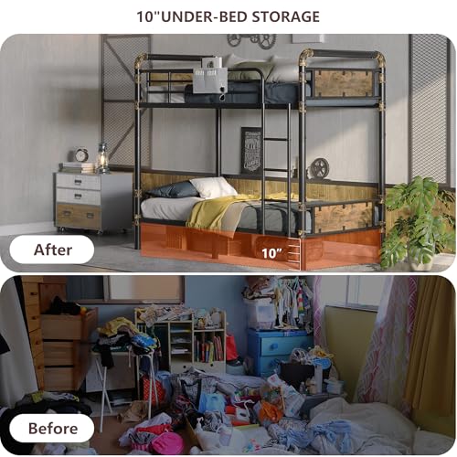 2 IN 1 Metal Bunk Bed Twin Over Twin, Convertible Twin Bunk Beds into 2 Individual Twin Size Bed for Kids Adults, 14.8" High Guard Rail