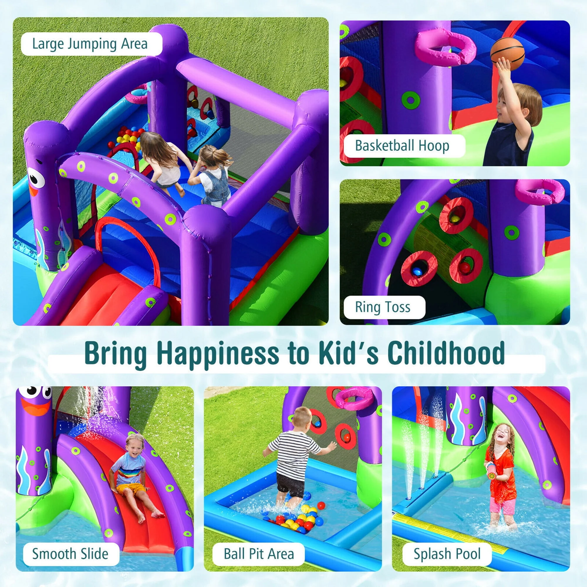 Gymax Inflatable Water Slide Castle Kids Bounce House w/ Octopus Style Blower Excluded
