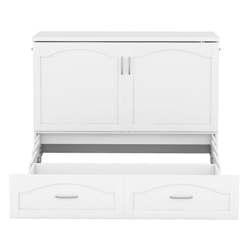Queen Size Murphy Wall Bed with Storage, Bookcase Headboard, Solid Wood Cabinets, Shelves, Drawers and USB Ports