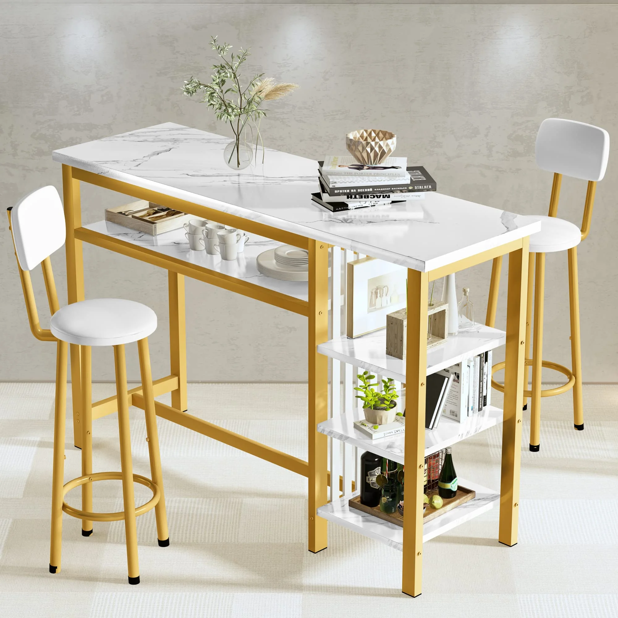 AWQM Bar Table Set, Modern Kitchen Table Set, Bar Counter Height Table Set with 2 PU Upholstered Stools, Dining Table Set with 4 Storage Shelves