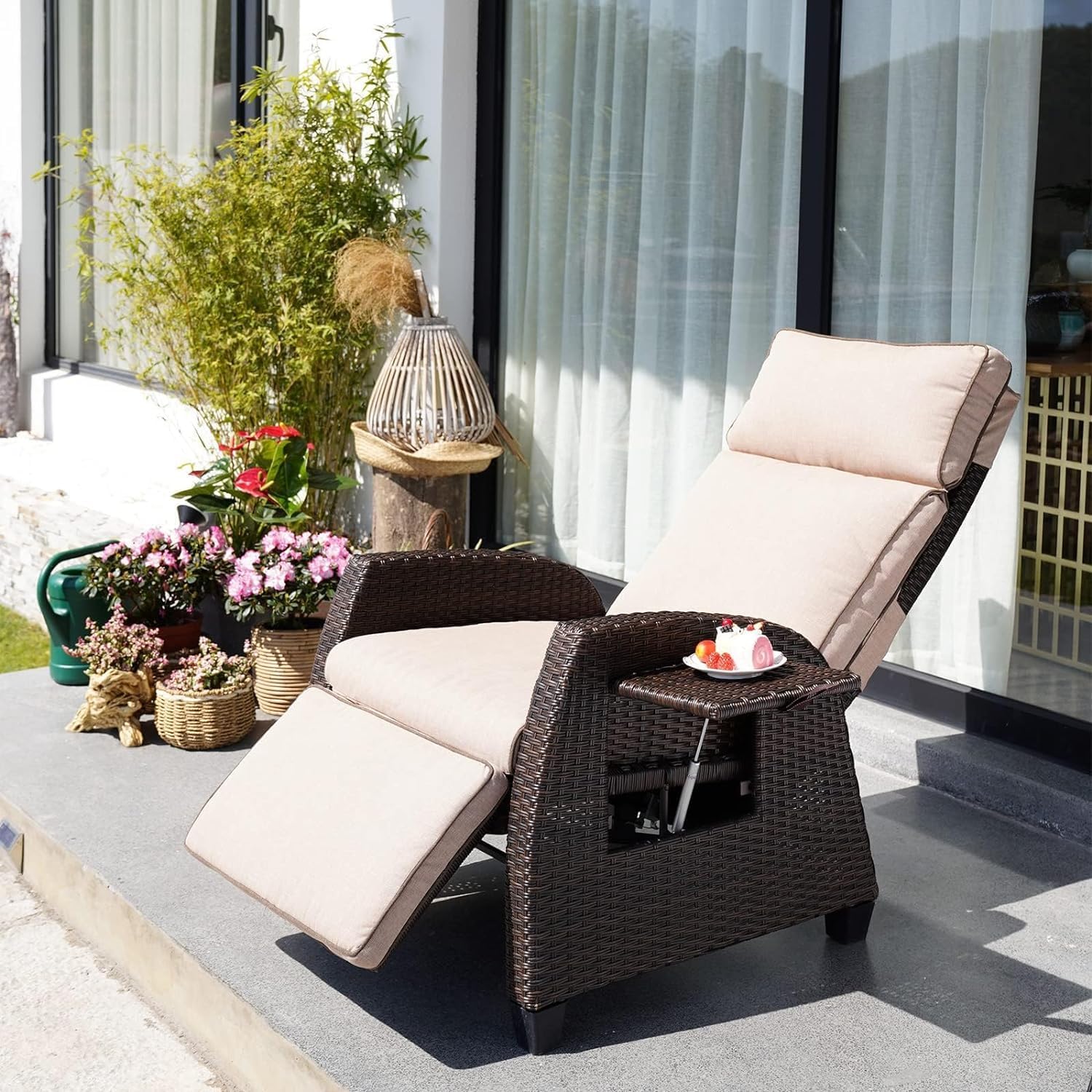 Yangming Patio Reclining Adjustable Lounge Chair with Hand-Woven Wicker, Rust-Resistant Frames, and Thick Cushion for Indoor & Outdoor, Beige
