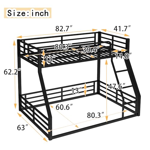 Heavy Duty Bunk Bed Frame with Ladder, Twin XL Over Twin XL Bunk Beds with Safety Guardrails, Adults Bunk Beds with Noise-Reducing Rubber Stoppers