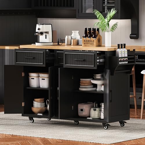 Kitchen Island with Drop Leaf & Power Outlet, Rolling Kitchen Islands Cart with 5 Open Storage Shelves & Towel Rack