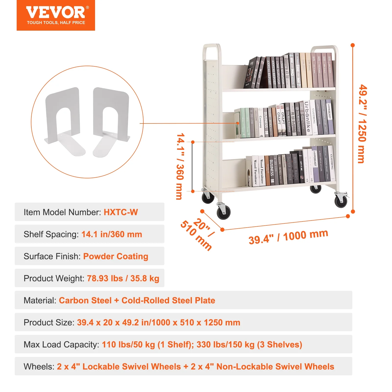 SKYSHALO Book Cart Library Cart 330 lbs Capacity with W-Shaped Shelves in White - Curated Treasures Market